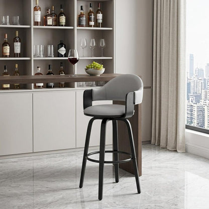 30" Gray And Black Fabric And Iron Low Back Bar Height Swivel Bar Chair HomeRoots
