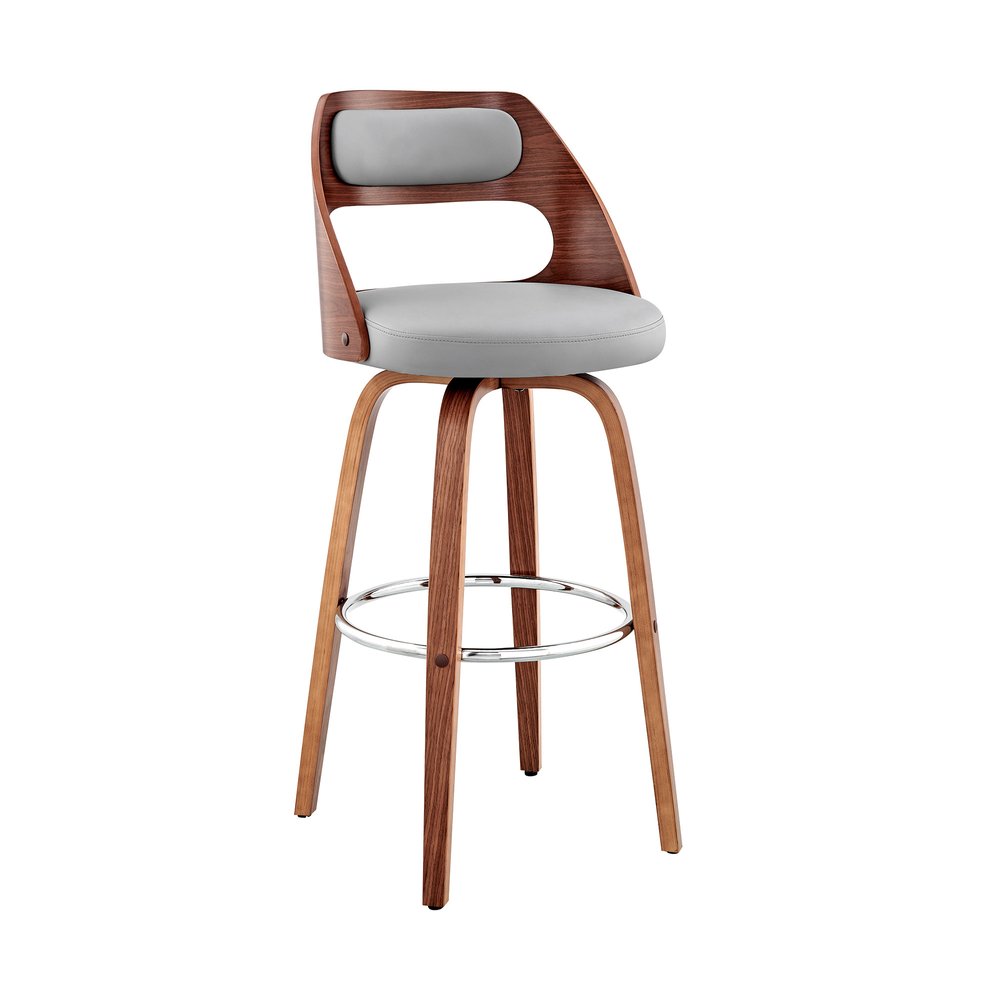 26" Gray And Brown Faux Leather And Fabric And Wood Counter Height Swivel Bar Chair HomeRoots