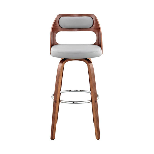 26" Gray And Brown Faux Leather And Fabric And Wood Counter Height Swivel Bar Chair HomeRoots