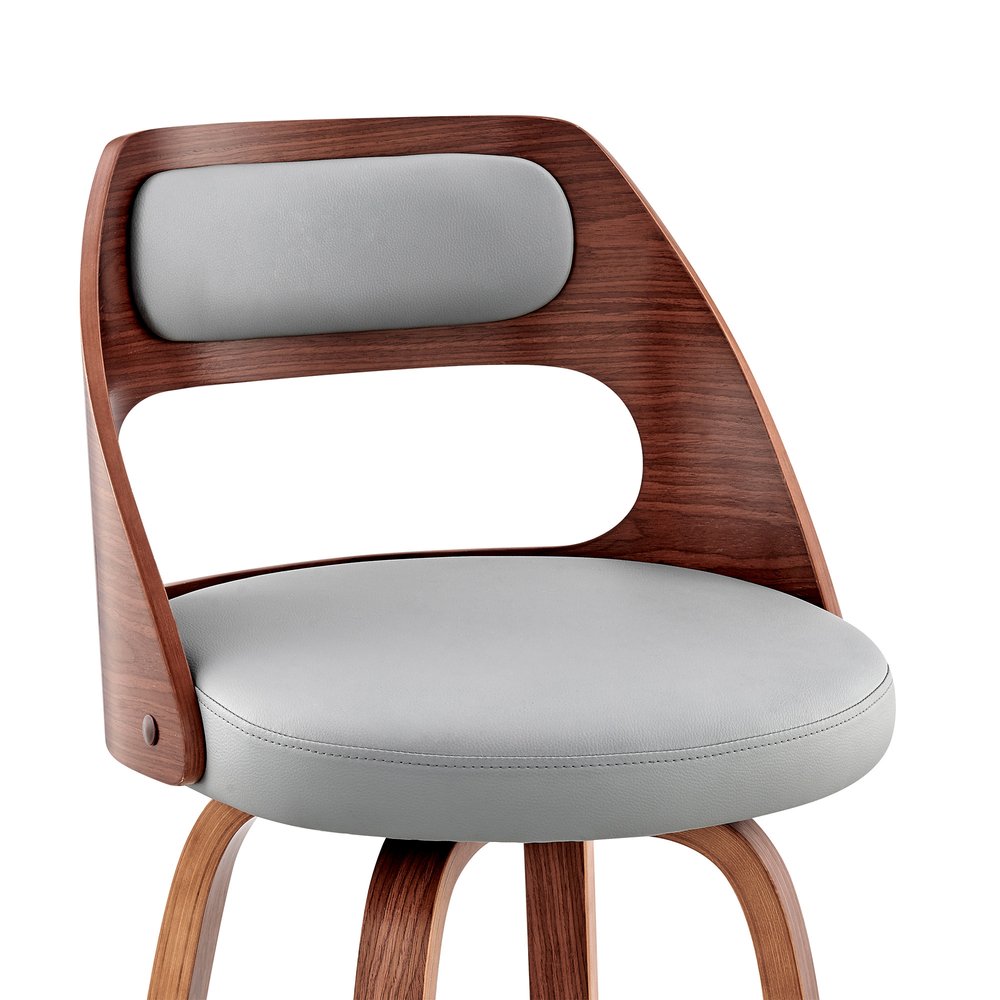 26" Gray And Brown Faux Leather And Fabric And Wood Counter Height Swivel Bar Chair HomeRoots