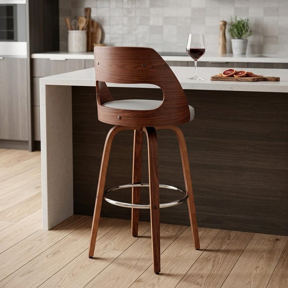 26" Gray And Brown Faux Leather And Fabric And Wood Counter Height Swivel Bar Chair HomeRoots