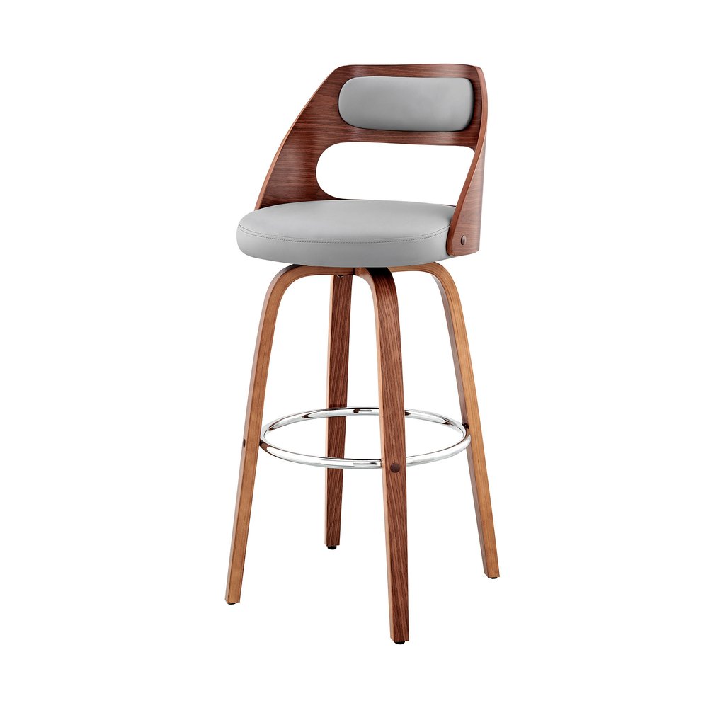 26" Gray And Brown Faux Leather And Fabric And Wood Counter Height Swivel Bar Chair HomeRoots