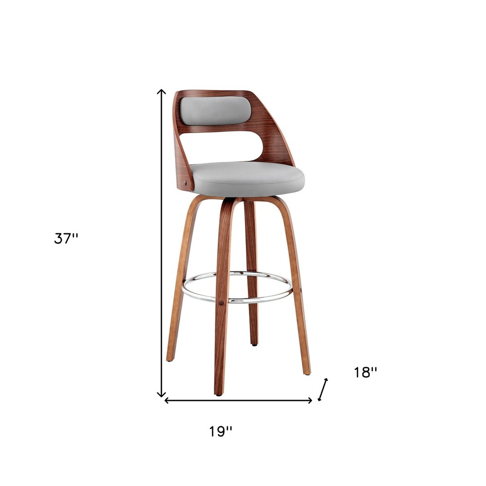 26" Gray And Brown Faux Leather And Fabric And Wood Counter Height Swivel Bar Chair HomeRoots