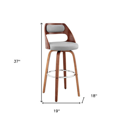 26" Gray And Brown Faux Leather And Fabric And Wood Counter Height Swivel Bar Chair HomeRoots