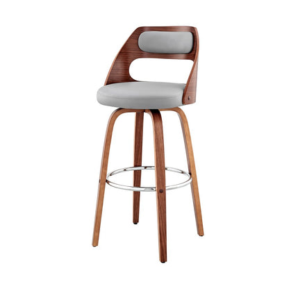 30" Gray And Brown Faux Leather And Fabric And Wood Bar Height Swivel Bar Chair HomeRoots