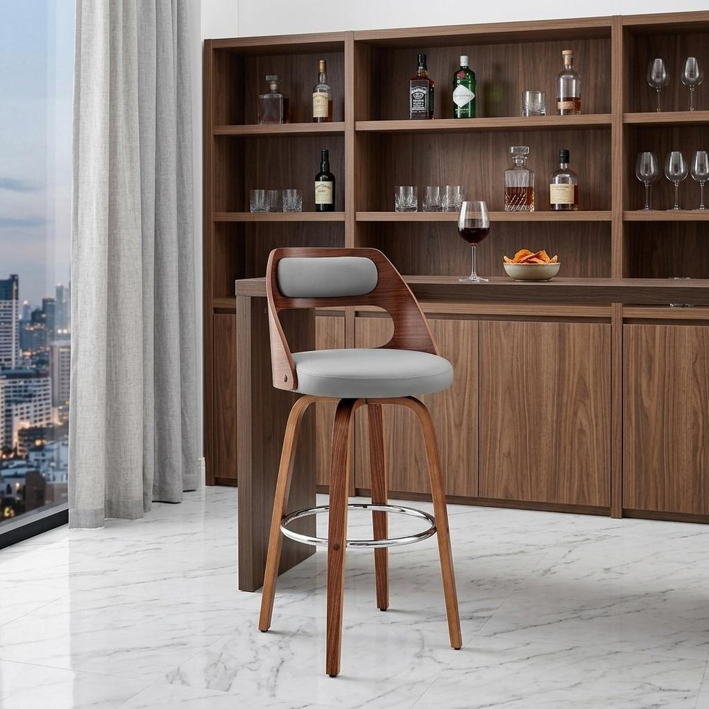 30" Gray And Brown Faux Leather And Fabric And Wood Bar Height Swivel Bar Chair HomeRoots