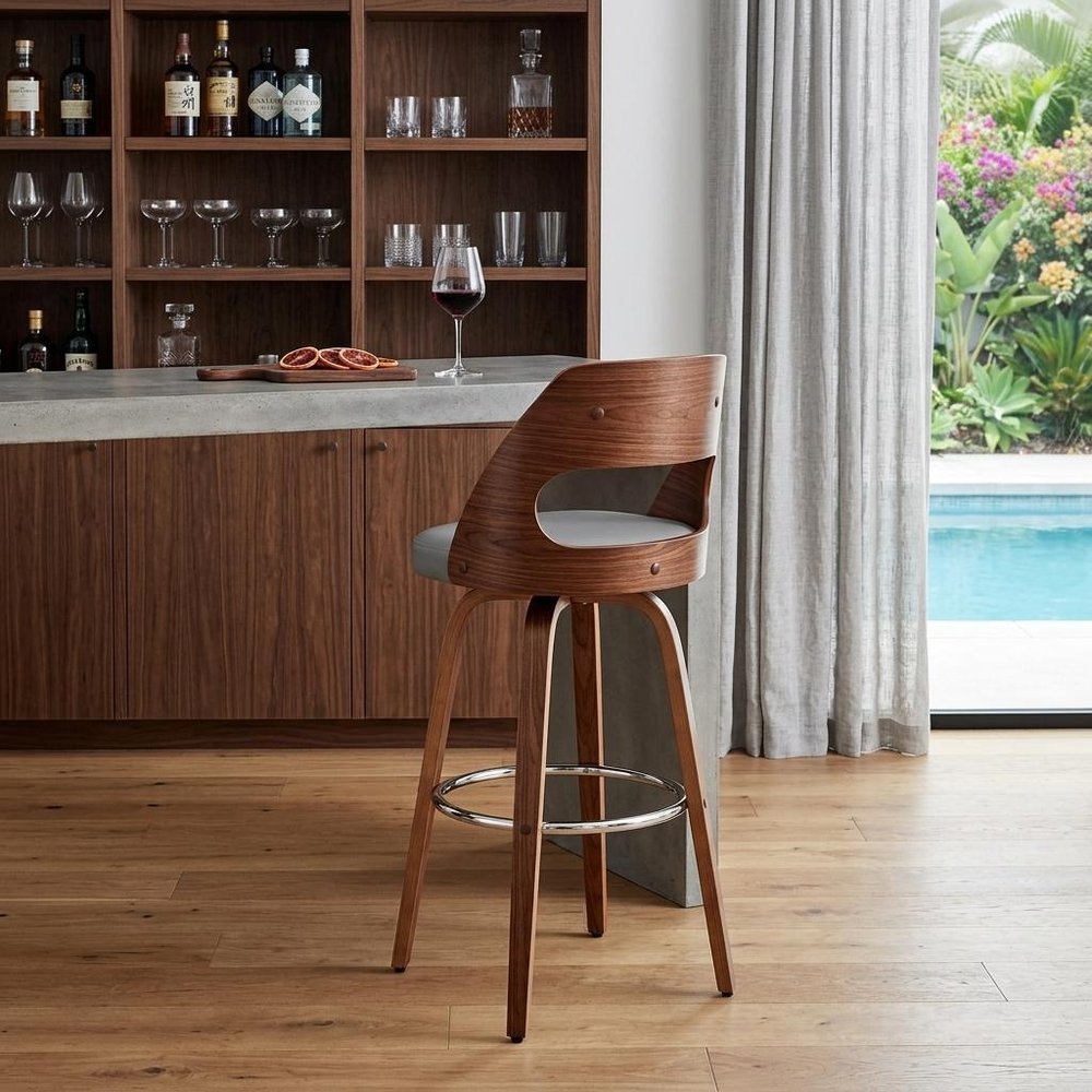 30" Gray And Brown Faux Leather And Fabric And Wood Bar Height Swivel Bar Chair HomeRoots