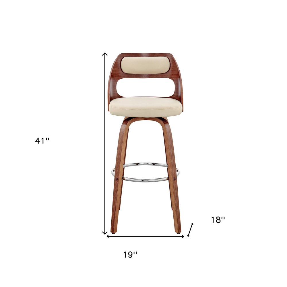 30" Cream And Brown Faux Leather And Fabric And Wood Bar Height Swivel Bar Chair HomeRoots
