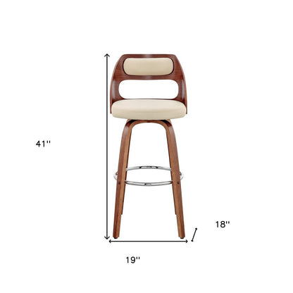 30" Cream And Brown Faux Leather And Fabric And Wood Bar Height Swivel Bar Chair HomeRoots