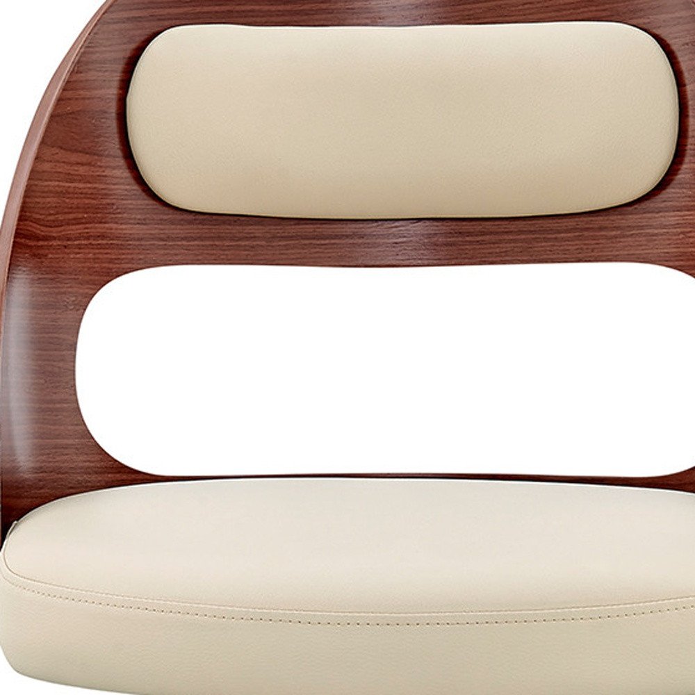 30" Cream And Brown Faux Leather And Fabric And Wood Bar Height Swivel Bar Chair HomeRoots