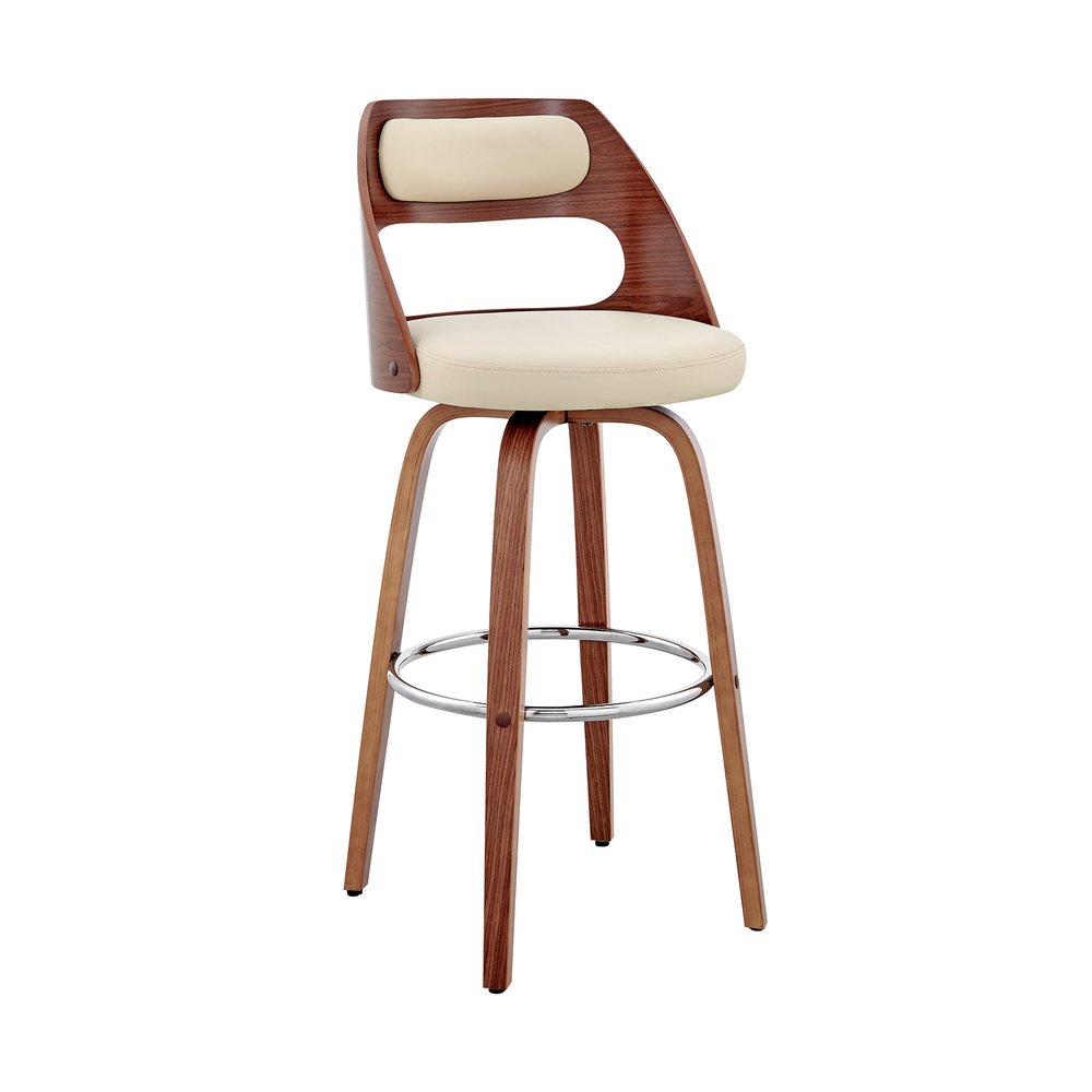 30" Cream And Brown Faux Leather And Fabric And Wood Bar Height Swivel Bar Chair HomeRoots
