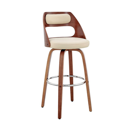 30" Cream And Brown Faux Leather And Fabric And Wood Bar Height Swivel Bar Chair HomeRoots