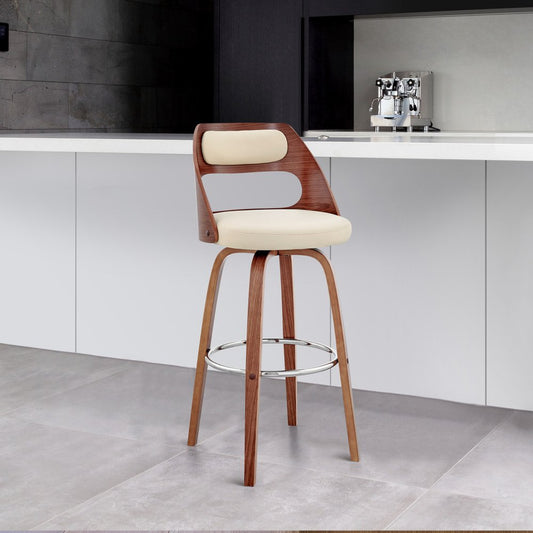 30" Cream And Brown Faux Leather And Fabric And Wood Bar Height Swivel Bar Chair HomeRoots