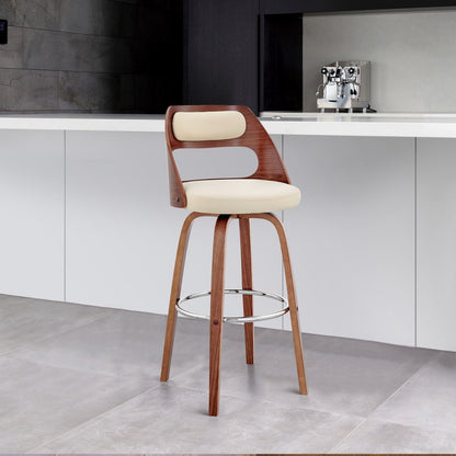 30" Cream And Brown Faux Leather And Fabric And Wood Bar Height Swivel Bar Chair HomeRoots