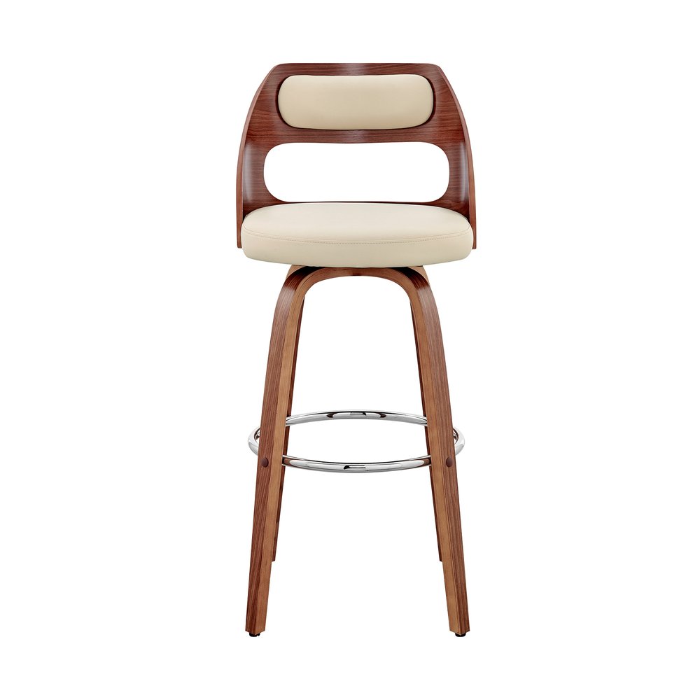 30" Cream And Brown Faux Leather And Fabric And Wood Bar Height Swivel Bar Chair HomeRoots