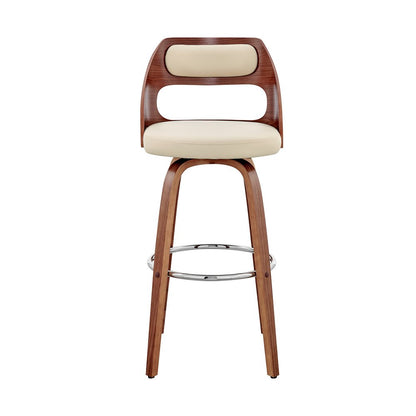 30" Cream And Brown Faux Leather And Fabric And Wood Bar Height Swivel Bar Chair HomeRoots