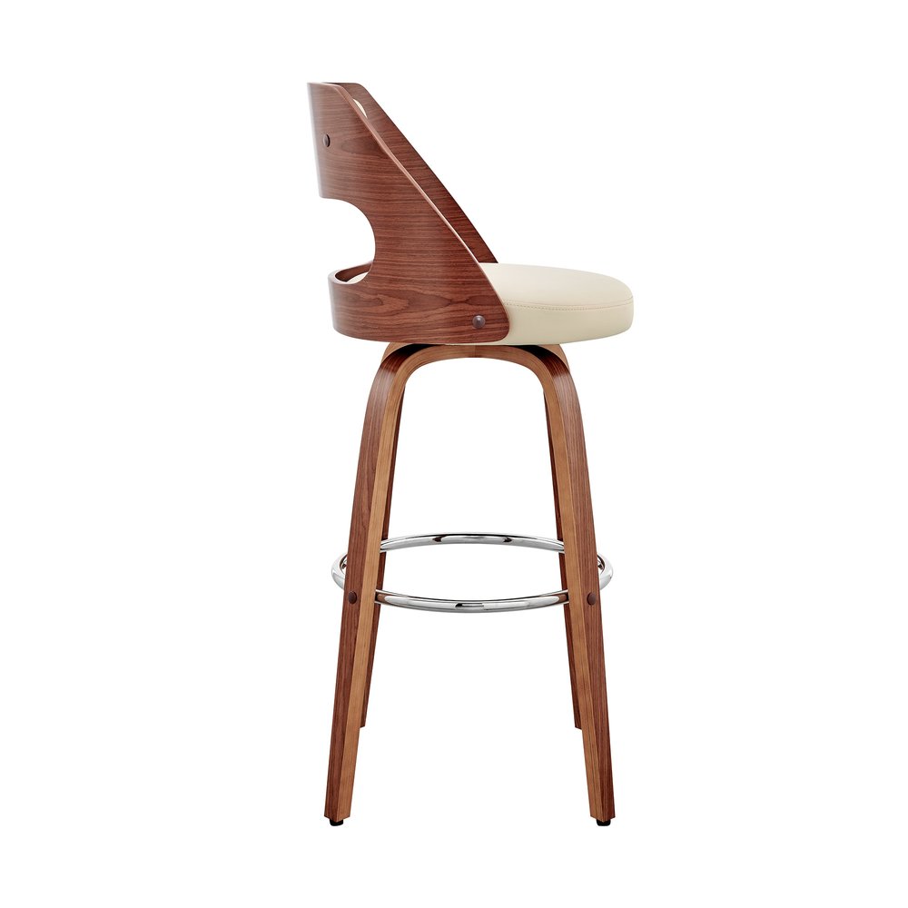 30" Cream And Brown Faux Leather And Fabric And Wood Bar Height Swivel Bar Chair HomeRoots