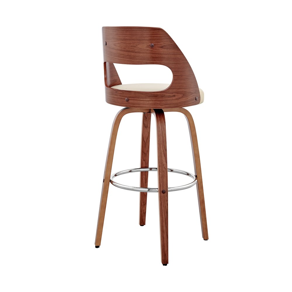 30" Cream And Brown Faux Leather And Fabric And Wood Bar Height Swivel Bar Chair HomeRoots