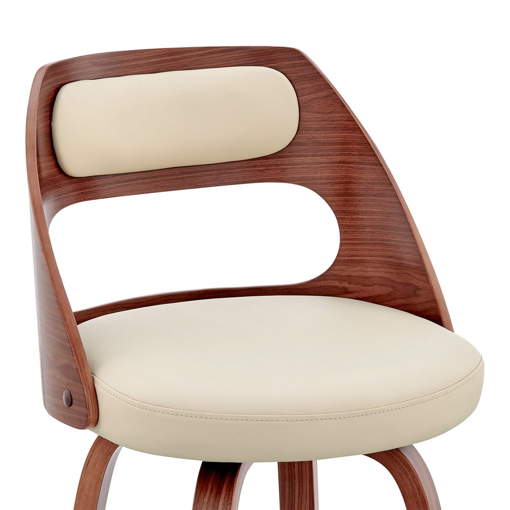 30" Cream And Brown Faux Leather And Fabric And Wood Bar Height Swivel Bar Chair HomeRoots