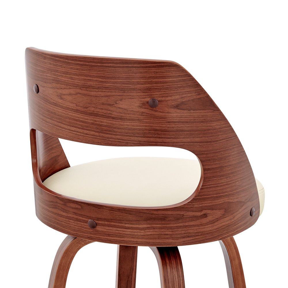 30" Cream And Brown Faux Leather And Fabric And Wood Bar Height Swivel Bar Chair HomeRoots