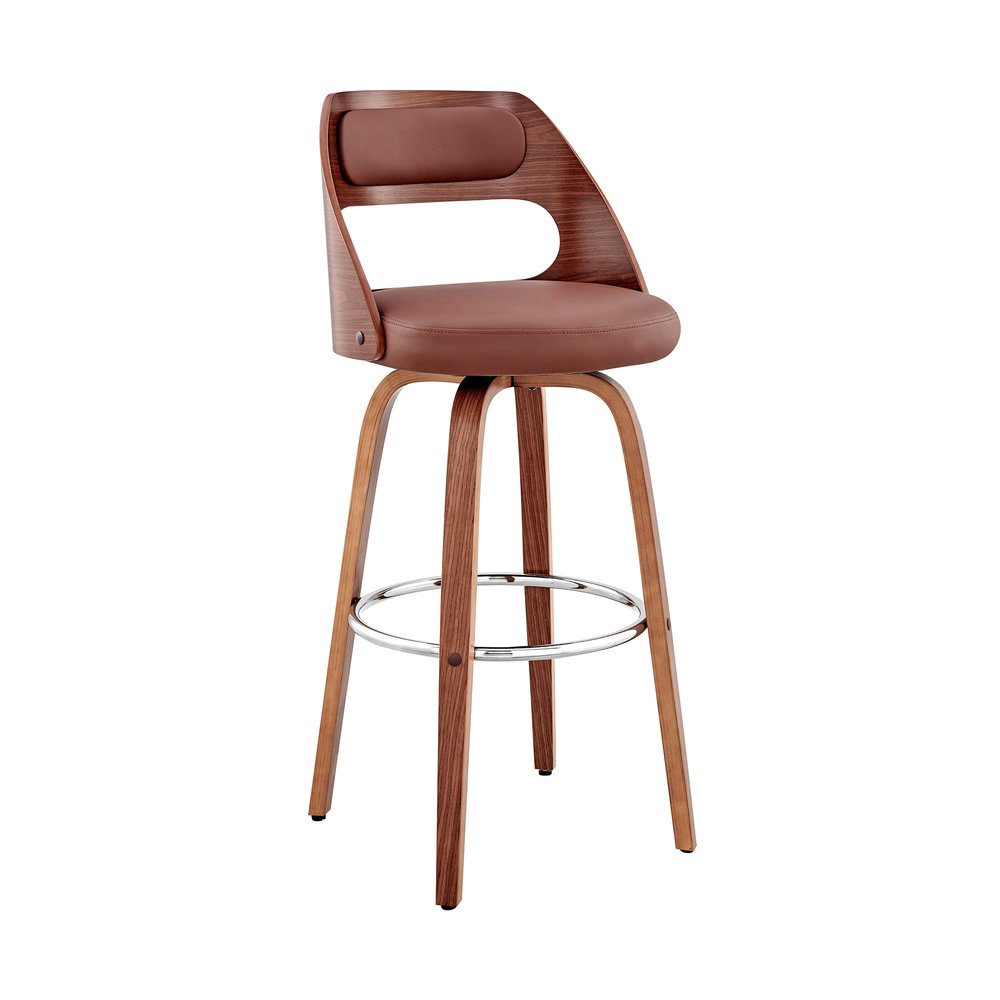 26" Brown Faux Leather And Fabric And Wood Counter Height Swivel Bar Chair HomeRoots