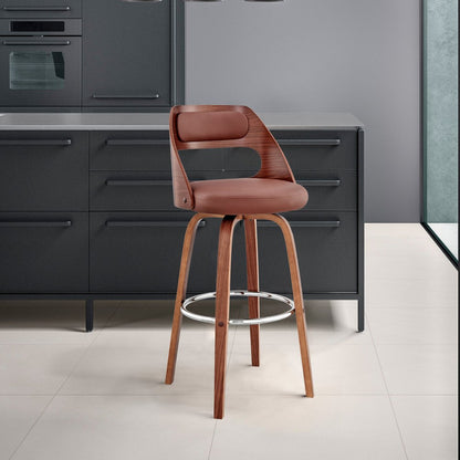 26" Brown Faux Leather And Fabric And Wood Counter Height Swivel Bar Chair HomeRoots