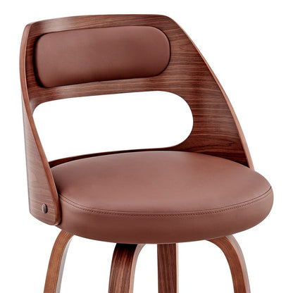 26" Brown Faux Leather And Fabric And Wood Counter Height Swivel Bar Chair HomeRoots