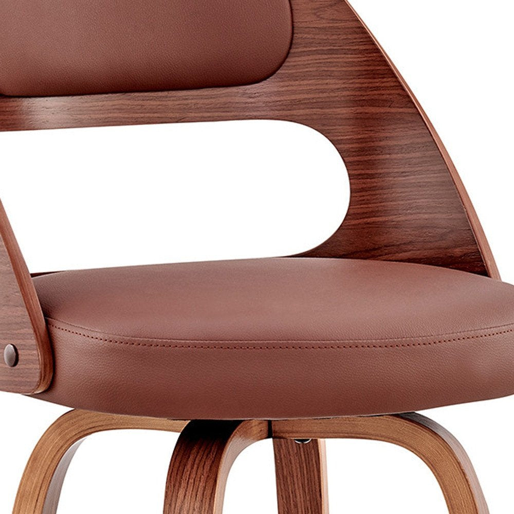 26" Brown Faux Leather And Fabric And Wood Counter Height Swivel Bar Chair HomeRoots