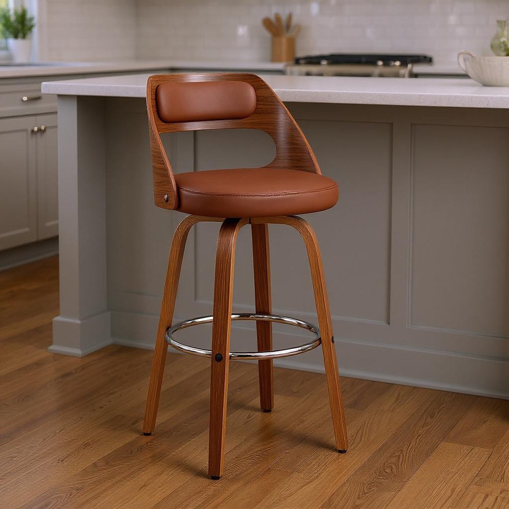 26" Brown Faux Leather And Fabric And Wood Counter Height Swivel Bar Chair HomeRoots