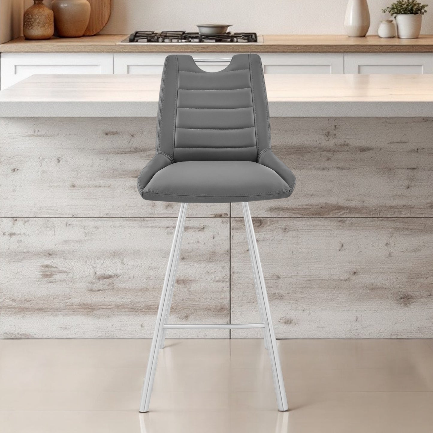 26" Gray And Silver Iron Counter Height Bar Chair