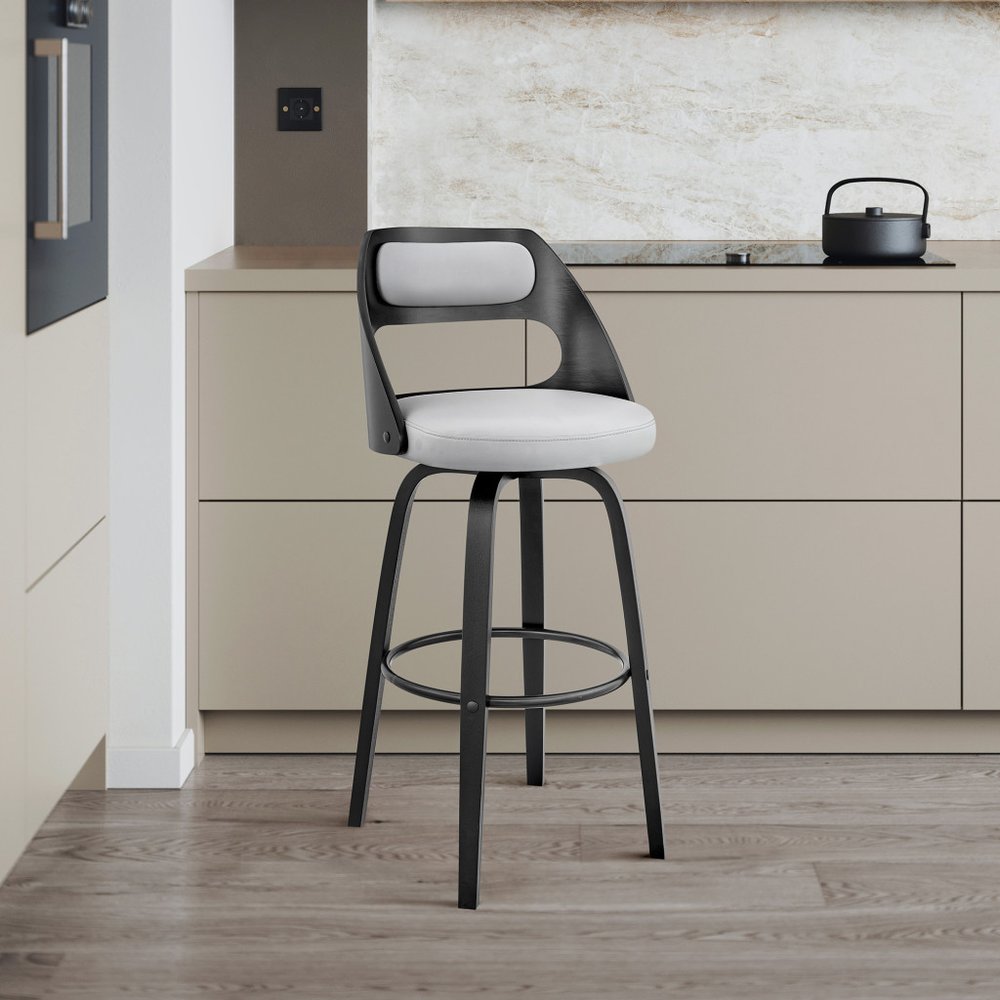 26" Gray And Black Faux Leather And Fabric And Iron Counter Height Swivel Bar Chair HomeRoots