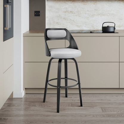 26" Gray And Black Faux Leather And Fabric And Iron Counter Height Swivel Bar Chair HomeRoots
