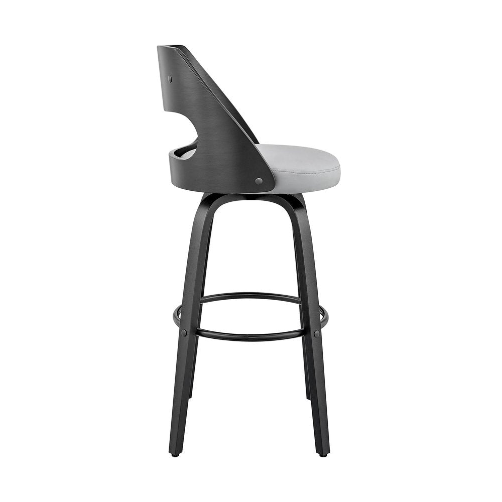26" Gray And Black Faux Leather And Fabric And Iron Counter Height Swivel Bar Chair HomeRoots