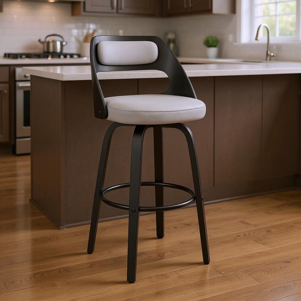 26" Gray And Black Faux Leather And Fabric And Iron Counter Height Swivel Bar Chair HomeRoots