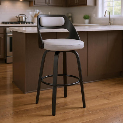 26" Gray And Black Faux Leather And Fabric And Iron Counter Height Swivel Bar Chair HomeRoots
