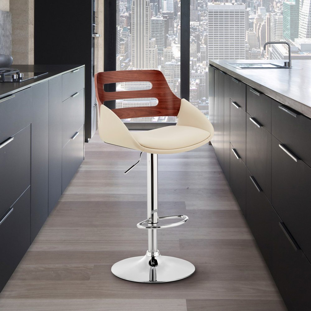 Cream And Silver Fabric And Iron Low Back Adjustable Height Swivel Bar Chair HomeRoots