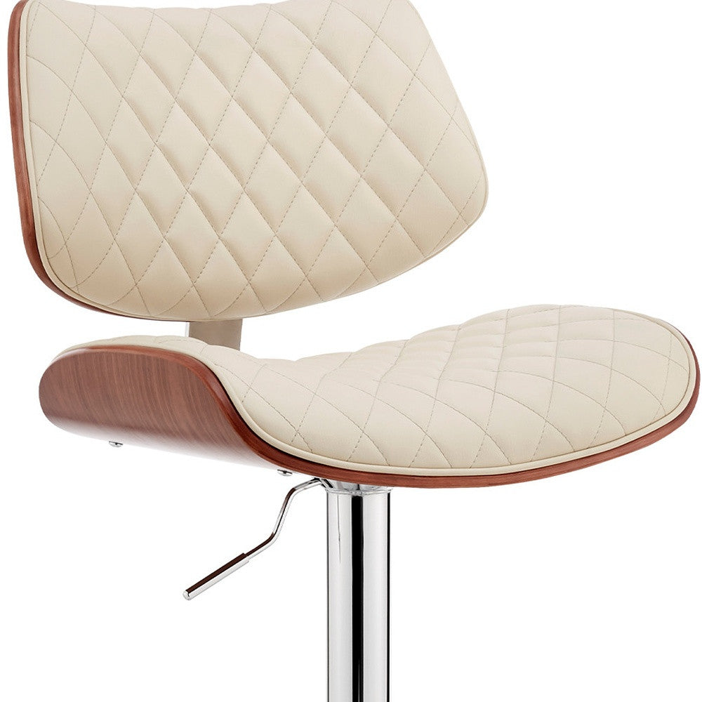 24" Cream And Silver Faux Leather And Iron Swivel Low Back Adjustable Height Bar Chair