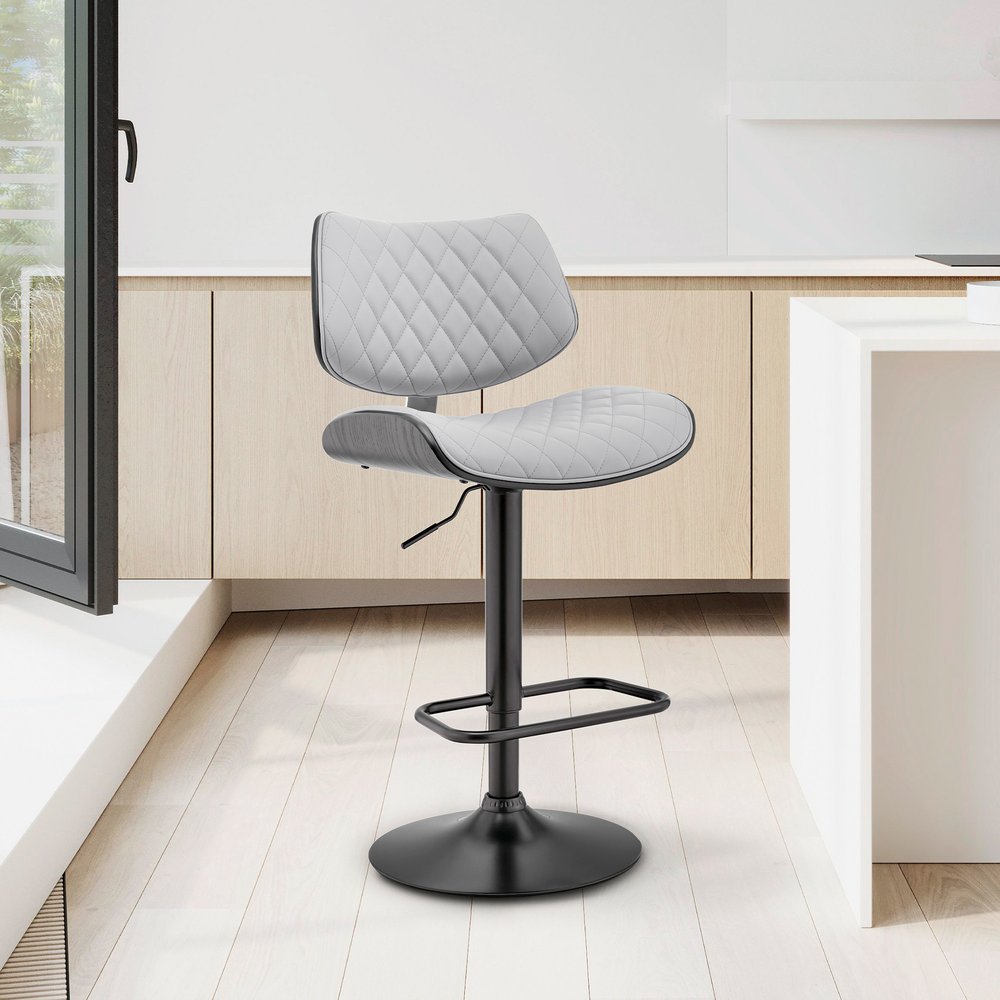 Gray And Black Faux Leather And Fabric And Iron Low Back Adjustable Height Swivel Bar Chair HomeRoots
