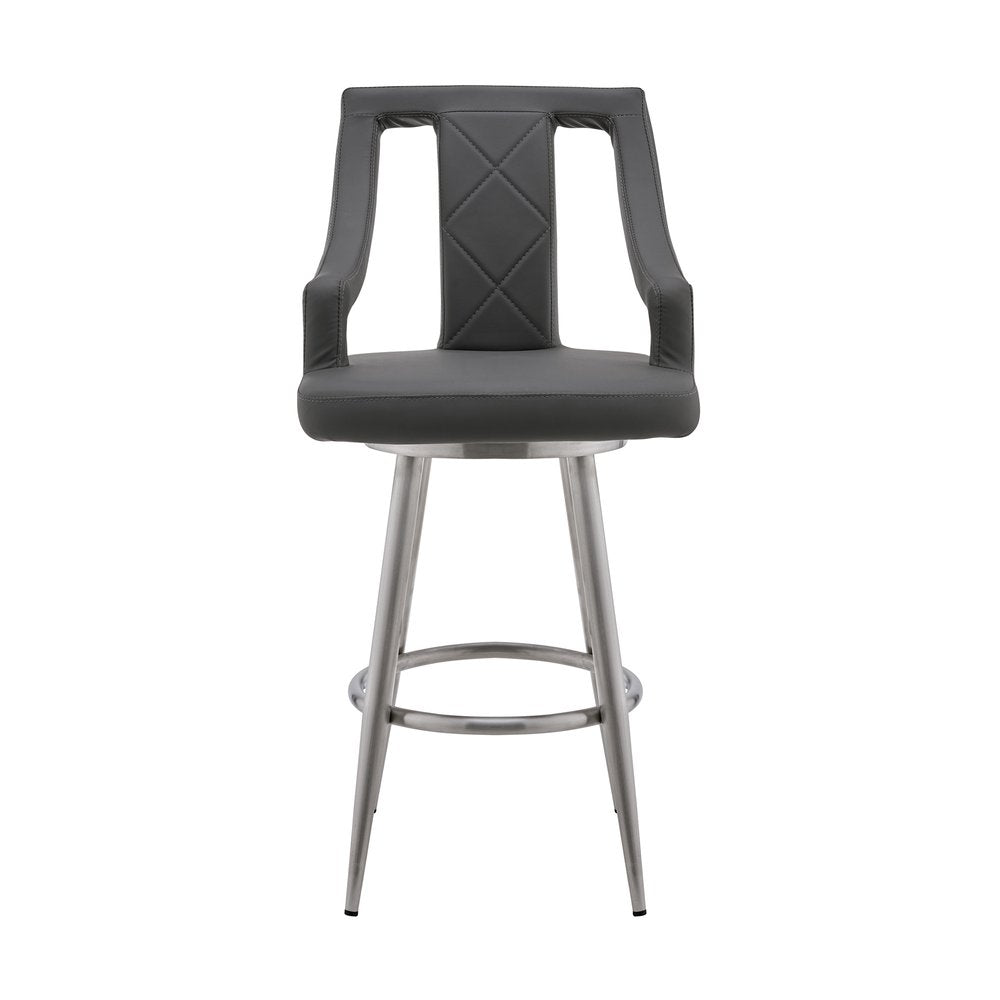 25" Gray And Silver Faux Leather And Fabric And Iron Counter Height Swivel Bar Chair HomeRoots