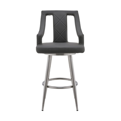 25" Gray And Silver Faux Leather And Fabric And Iron Counter Height Swivel Bar Chair HomeRoots