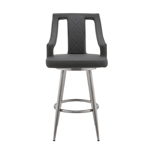 25" Gray And Silver Faux Leather And Fabric And Iron Counter Height Swivel Bar Chair HomeRoots