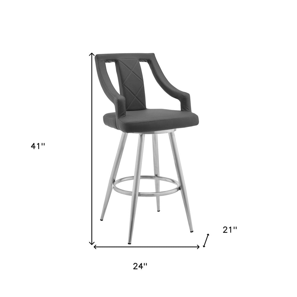 25" Gray And Silver Faux Leather And Fabric And Iron Counter Height Swivel Bar Chair HomeRoots
