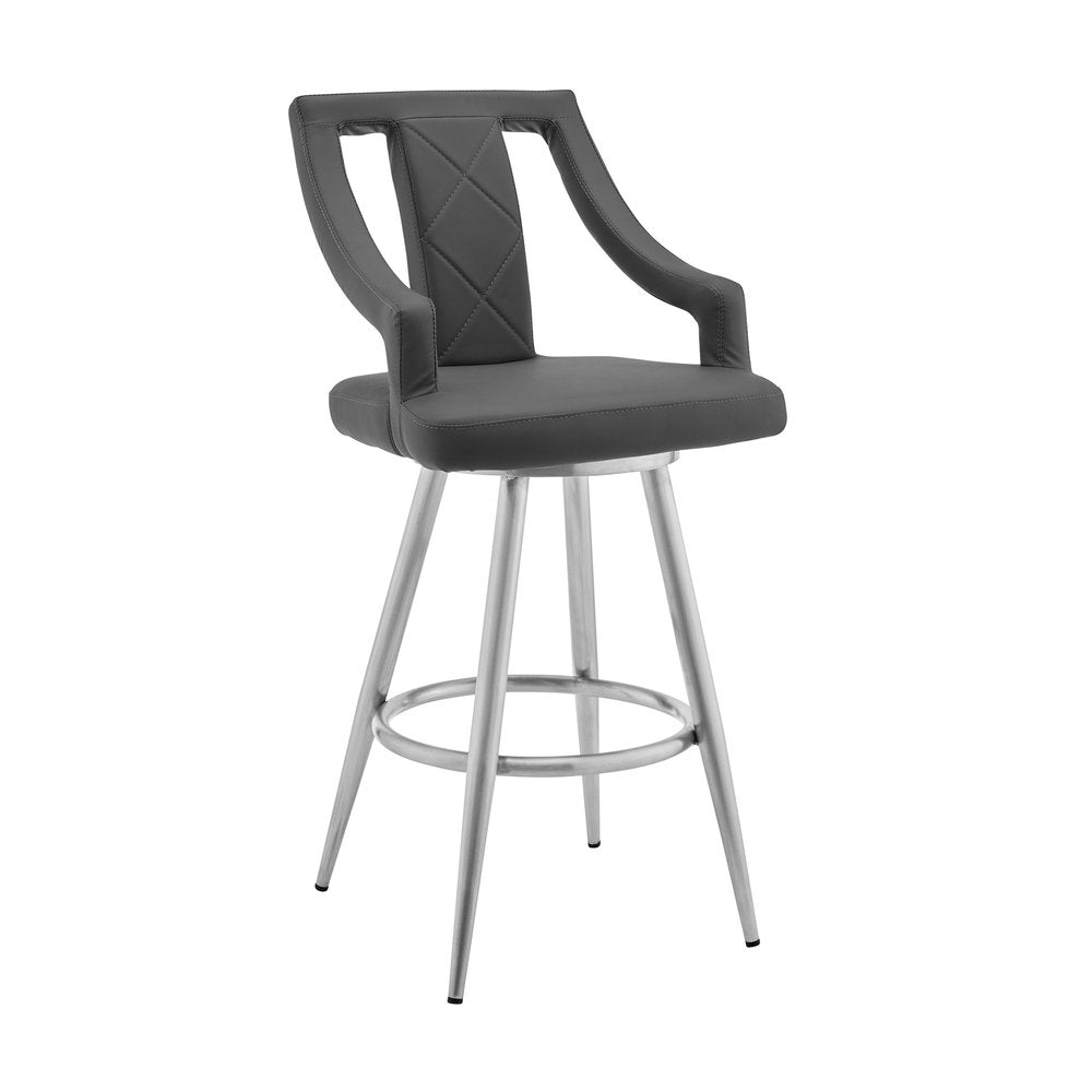 25" Gray And Silver Faux Leather And Fabric And Iron Counter Height Swivel Bar Chair HomeRoots