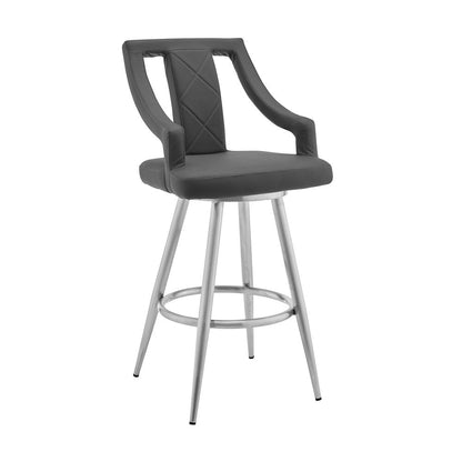 25" Gray And Silver Faux Leather And Fabric And Iron Counter Height Swivel Bar Chair HomeRoots