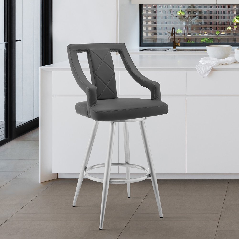 29" Gray And Silver Faux Leather And Fabric And Iron Bar Height Swivel Bar Chair HomeRoots