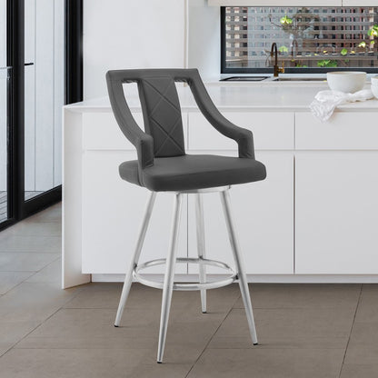 29" Gray And Silver Faux Leather And Fabric And Iron Bar Height Swivel Bar Chair HomeRoots
