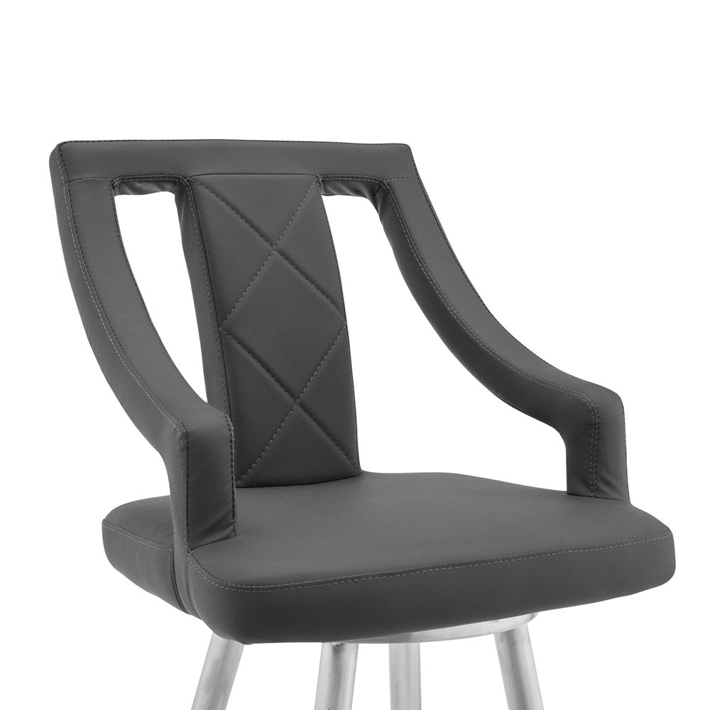 29" Gray And Silver Faux Leather And Fabric And Iron Bar Height Swivel Bar Chair HomeRoots