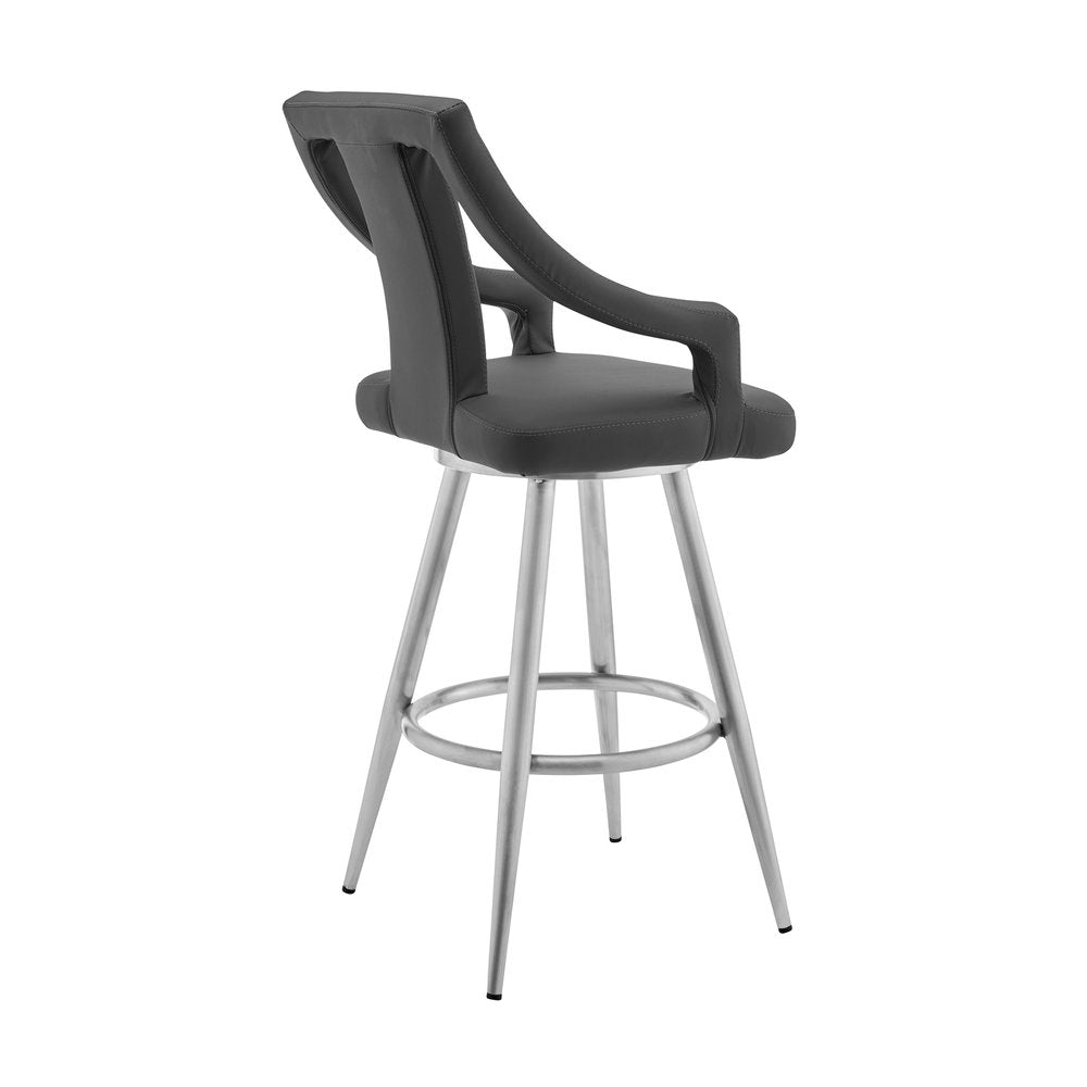 29" Gray And Silver Faux Leather And Fabric And Iron Bar Height Swivel Bar Chair HomeRoots