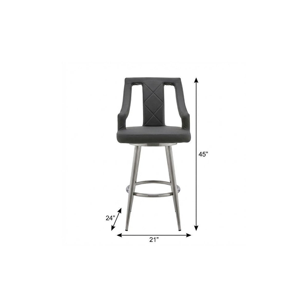 29" Gray And Silver Faux Leather And Iron Swivel Bar Height Bar Chair HomeRoots