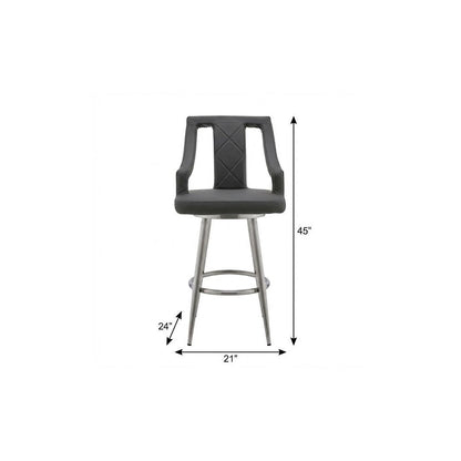 29" Gray And Silver Faux Leather And Iron Swivel Bar Height Bar Chair HomeRoots